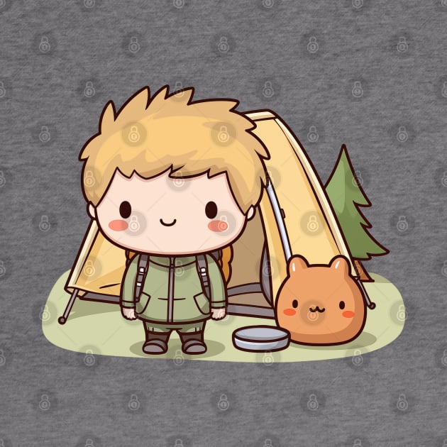 Kawaii camper boy with a tent and his cute friend by Mon Kawaii Lab